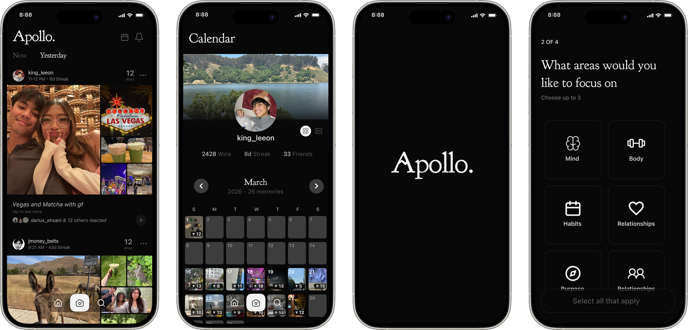 Apollo mobile app screens showing the social feed, calendar, launch screen, and onboarding