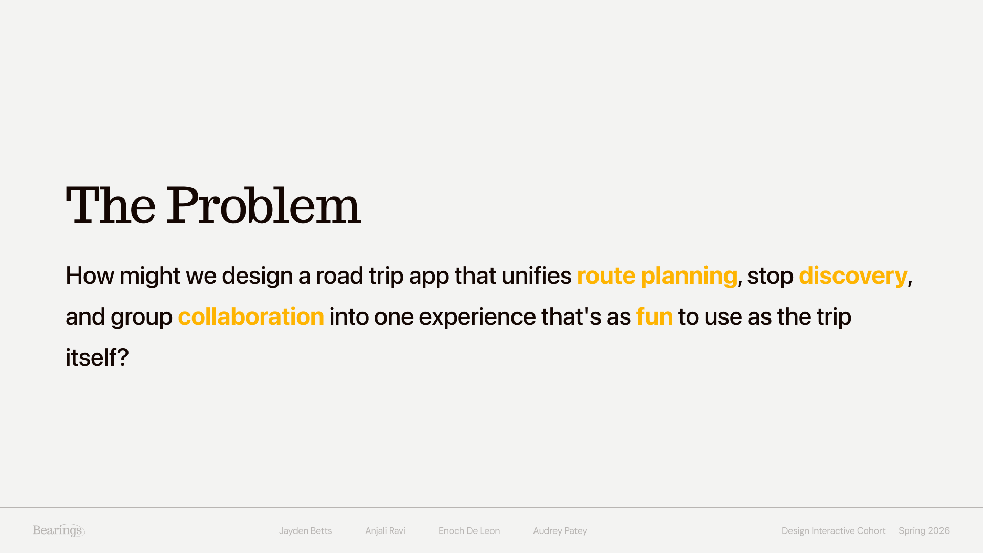 Bearings starting point slide 1 showing the initial homepage critique and first impressions