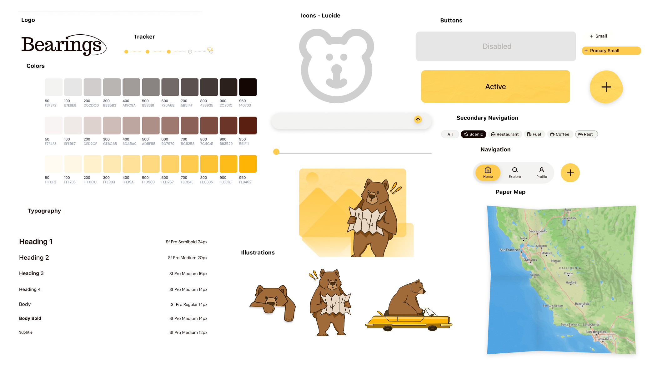 Bearings design system board with logo, palette, navigation, buttons, and mascot illustrations