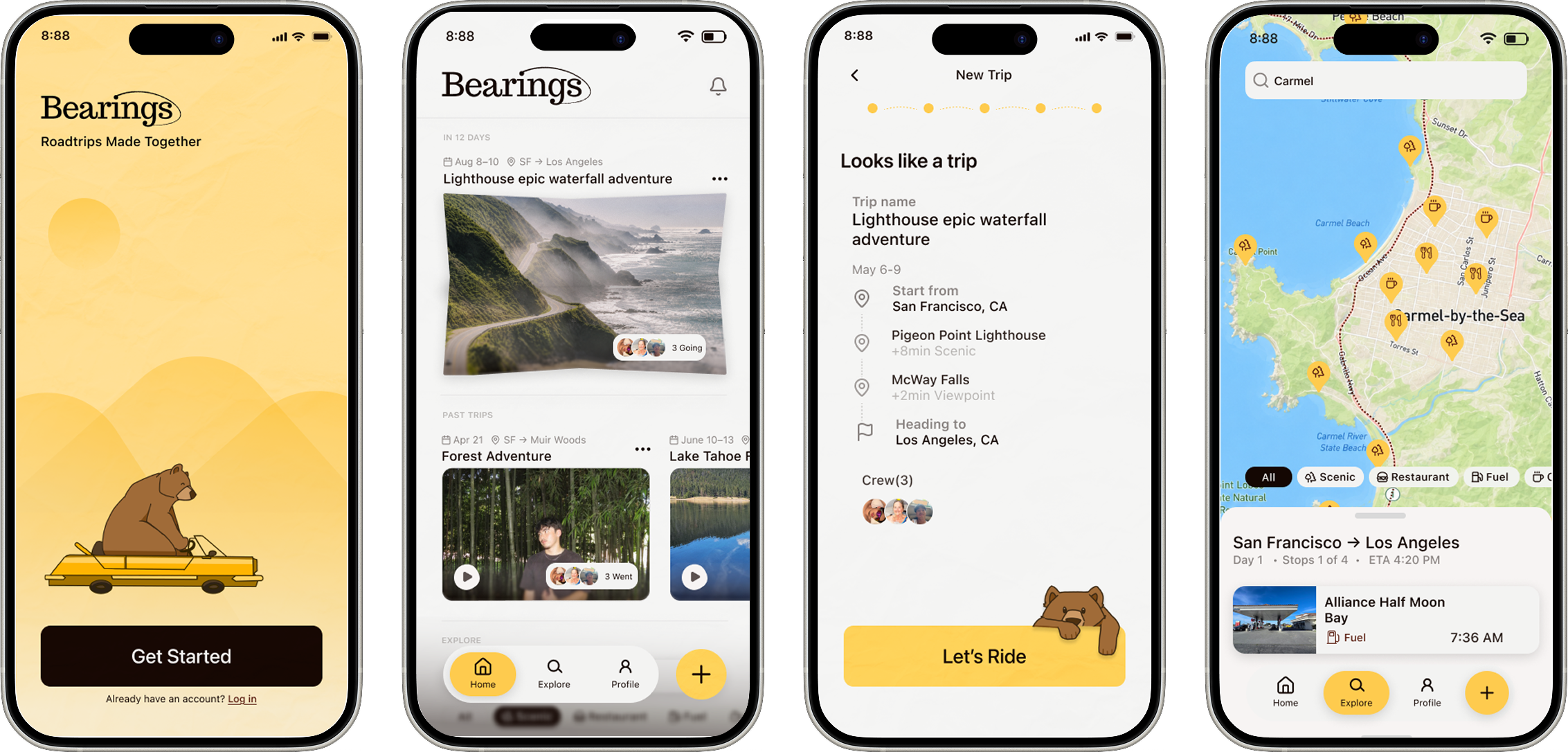 Bearings road-trip planning concept showing onboarding, home, trip setup, and route discovery screens
