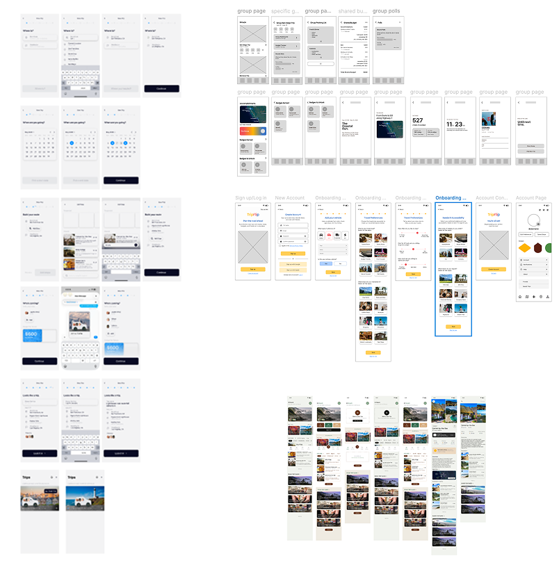 Bearings mid-fidelity screens showing more structured trip planning and collaborative travel flows