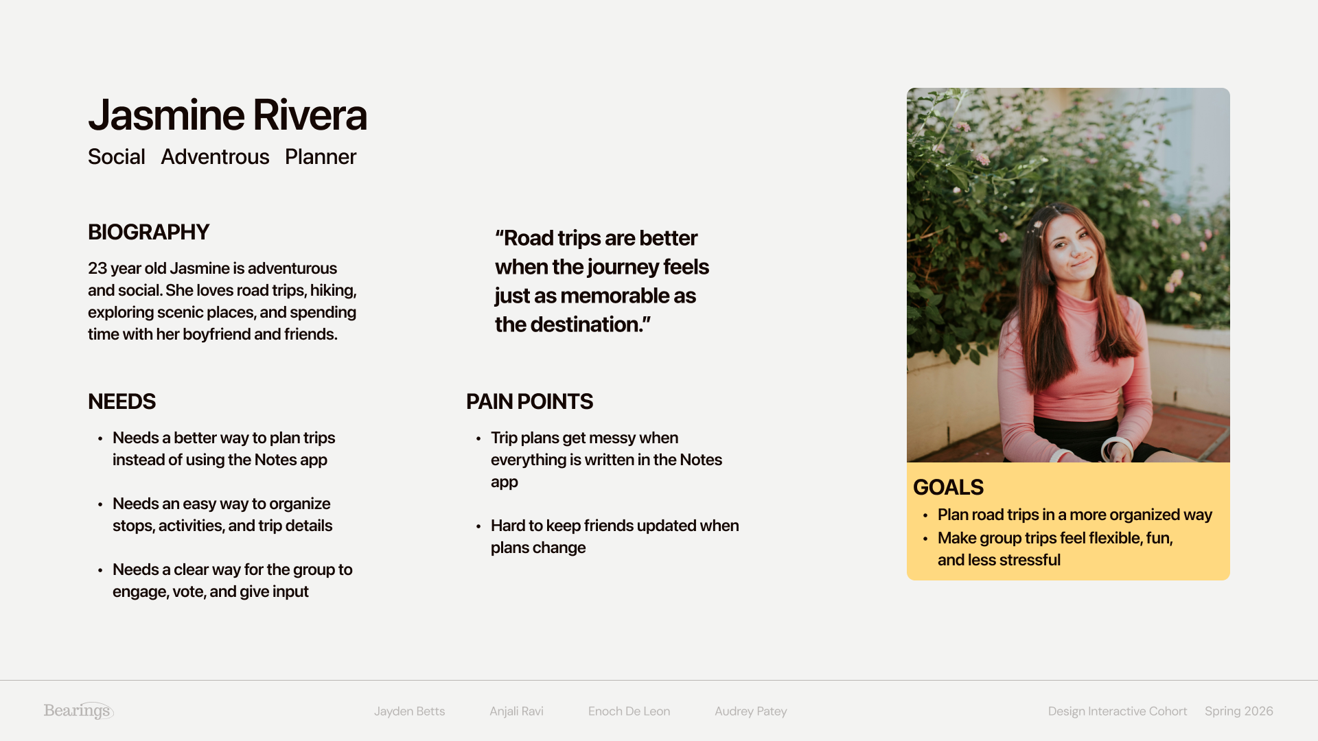 Bearings user persona board showing the target traveler and planning needs for the concept