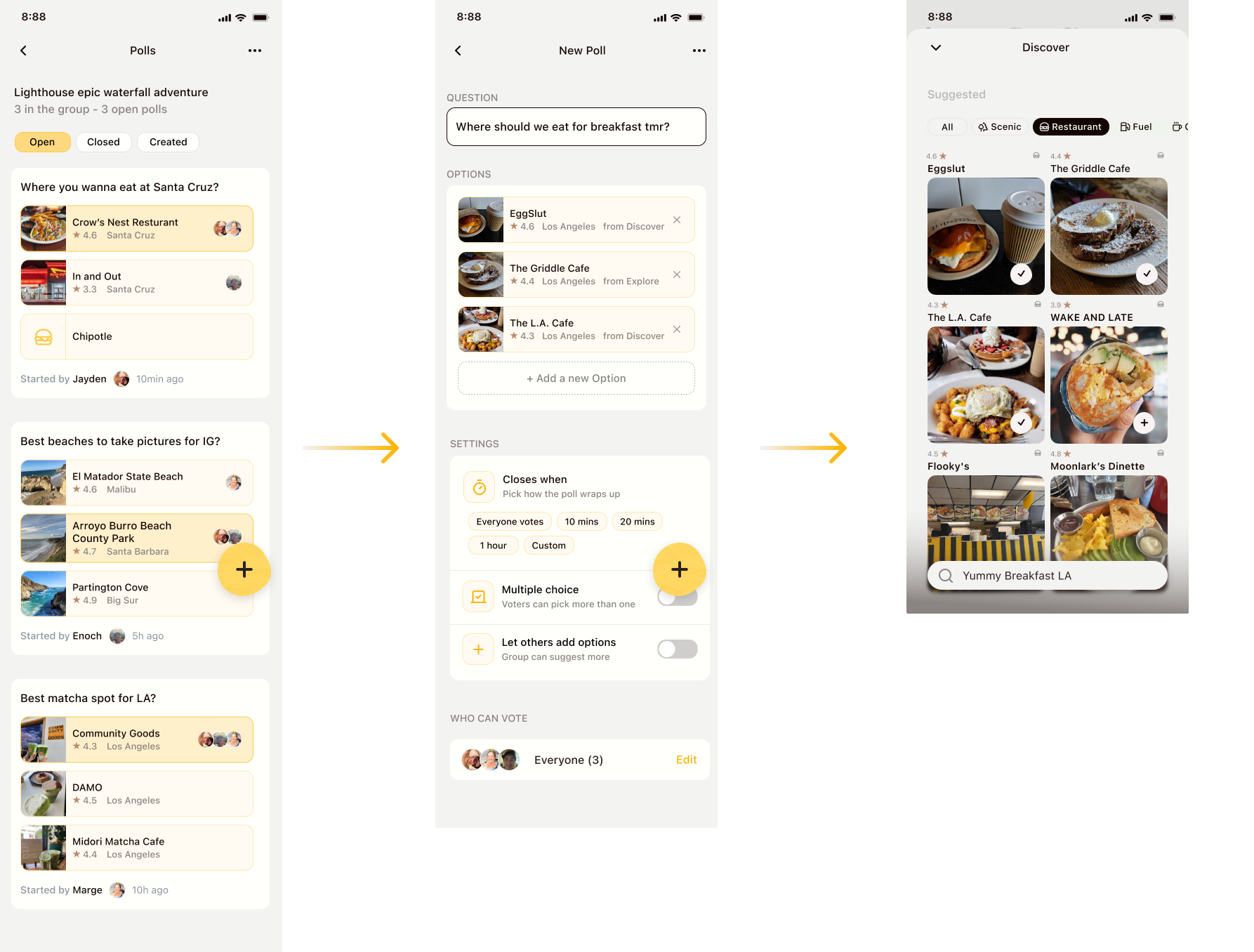 Bearings group poll system screens showing shared voting and trip decision-making