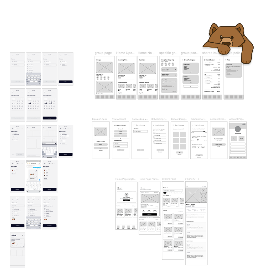 Bearings low-fidelity wireframes showing refined onboarding, trip setup, and route planning flows