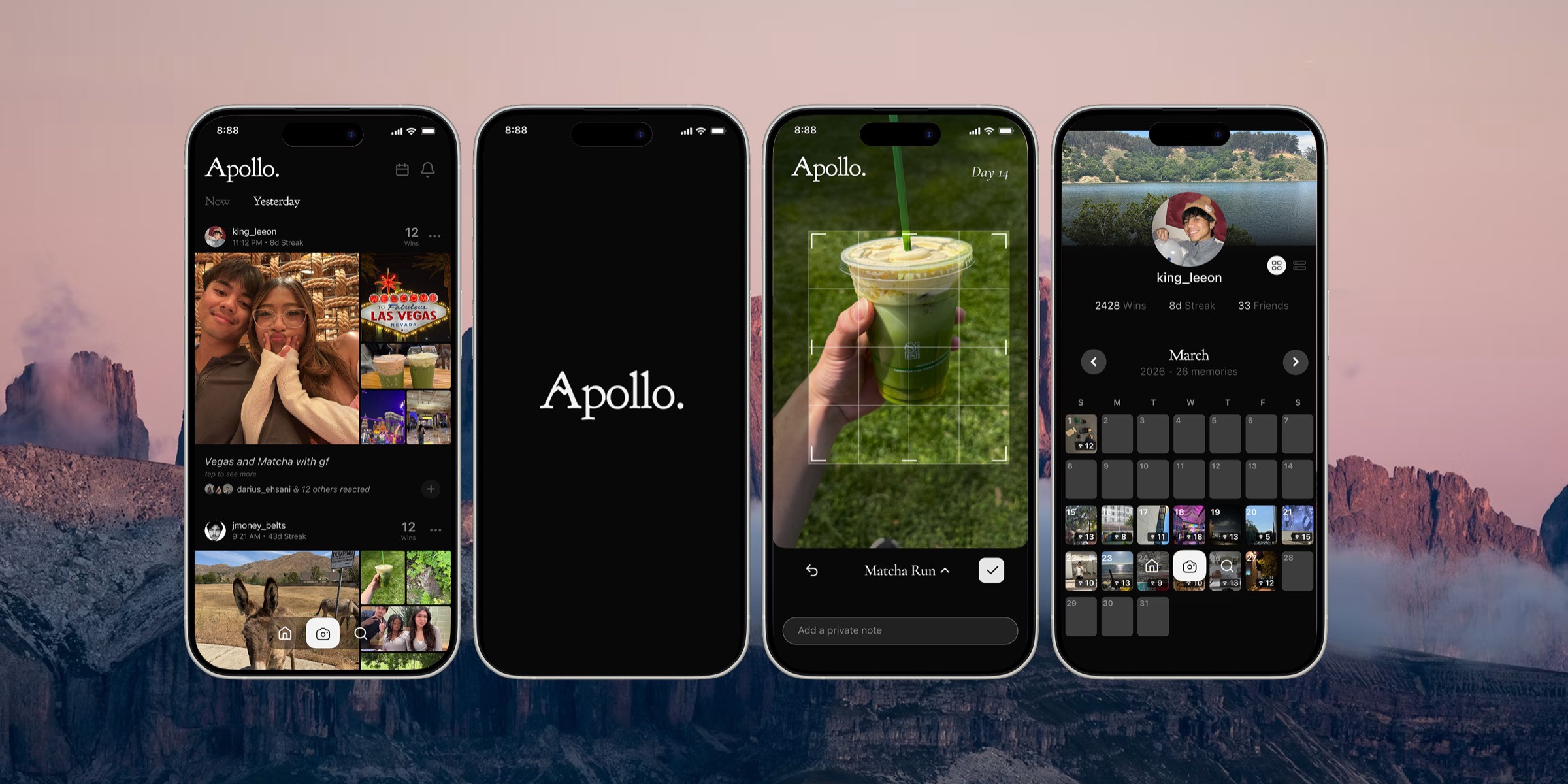 Apollo social progress app shown across four phone screens