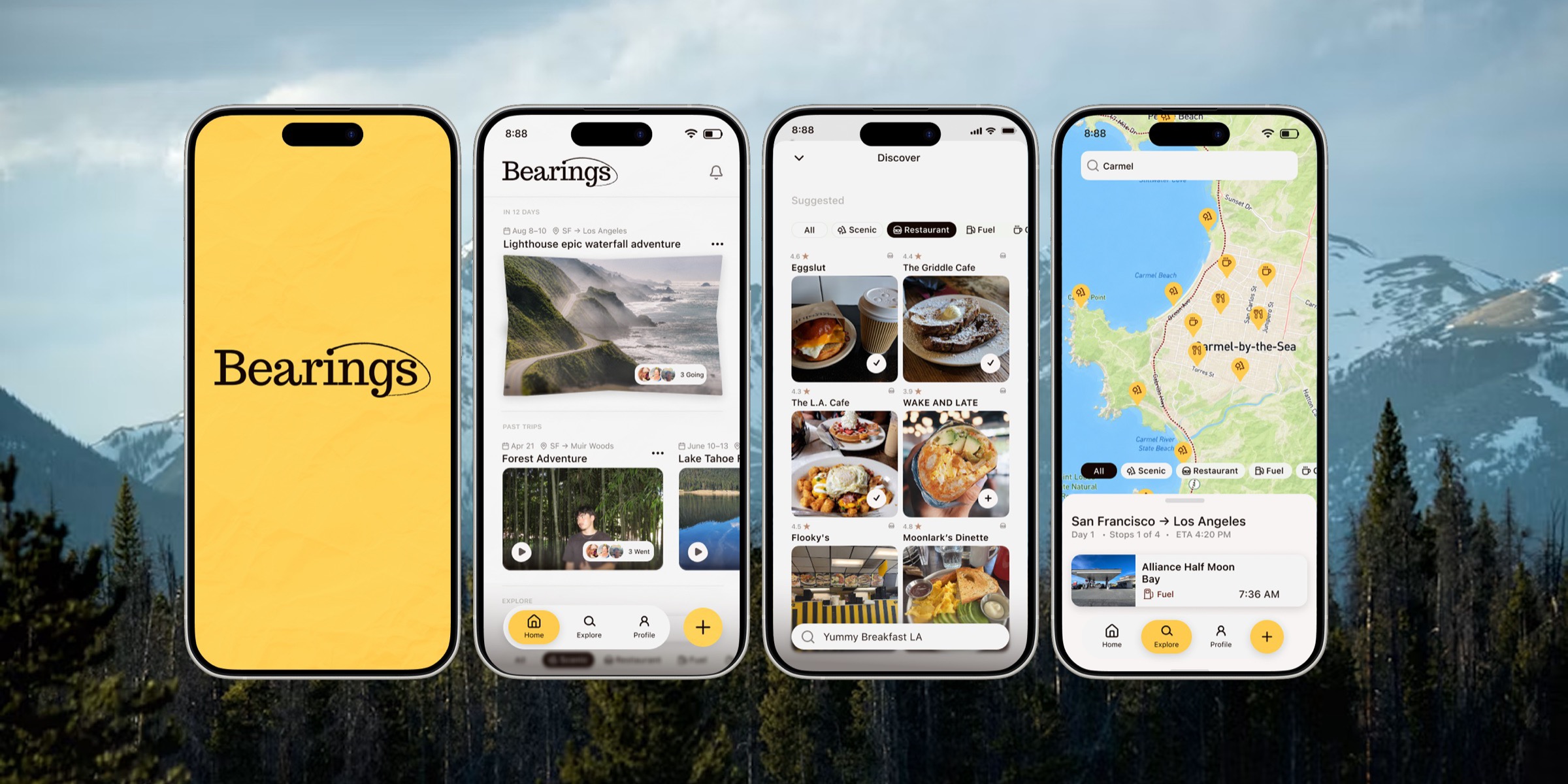 Bearings road-trip planner shown across four phone screens