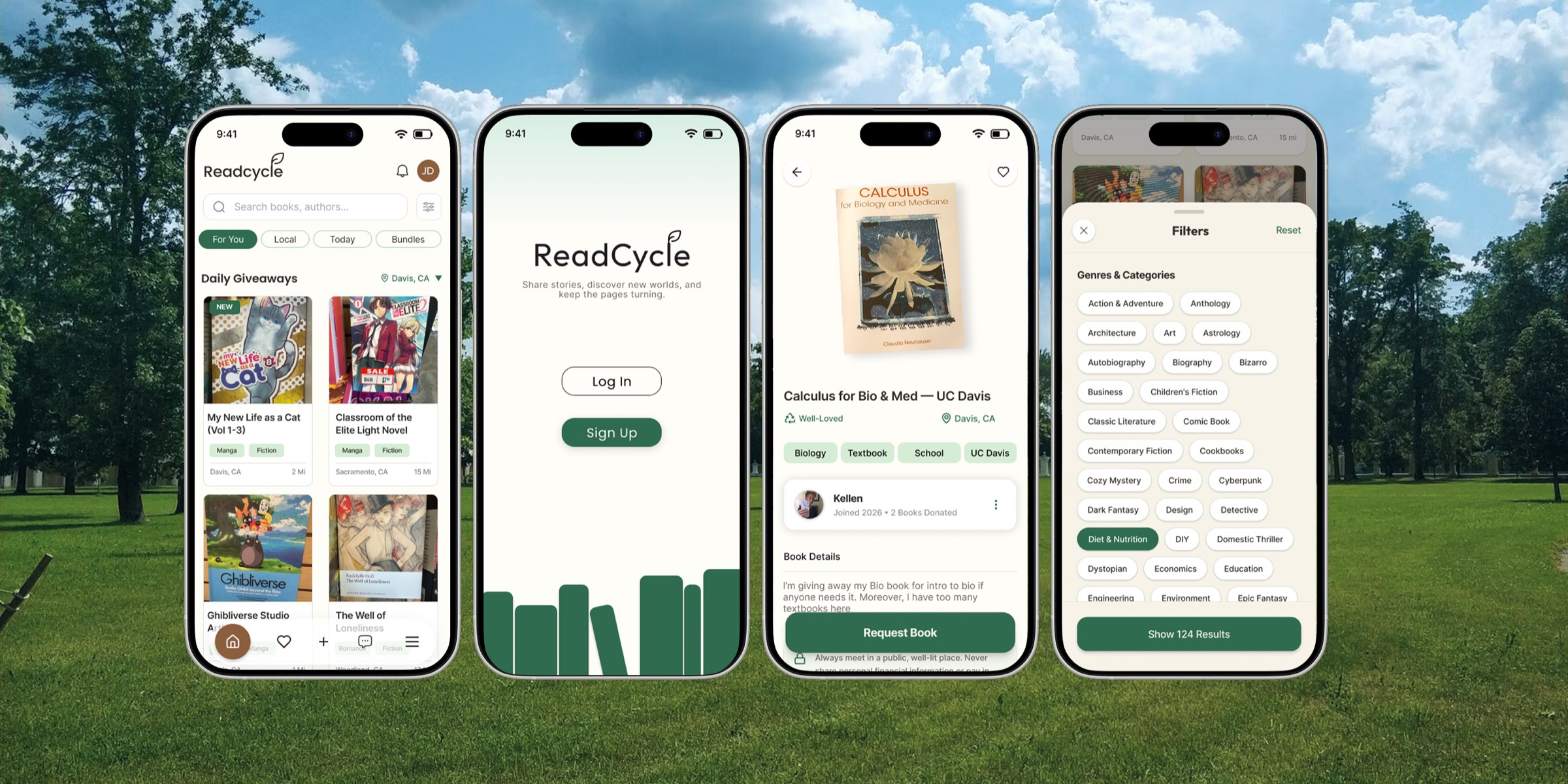Readcycle book-sharing app shown across four phone screens
