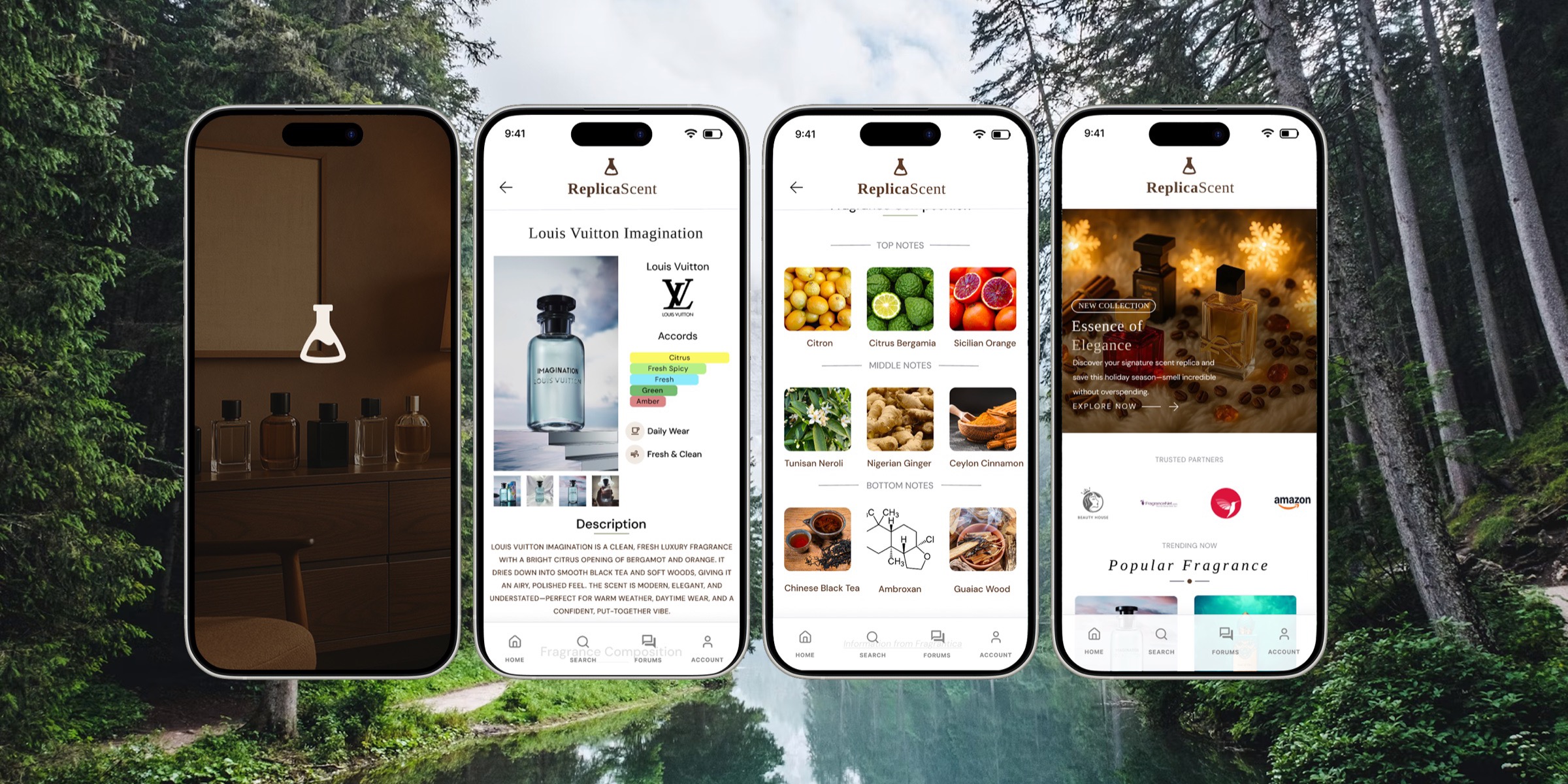 ReplicaScent fragrance app shown across four phone screens