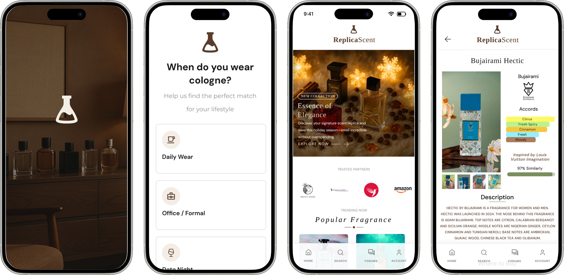 ReplicaScent mobile app prototype screens